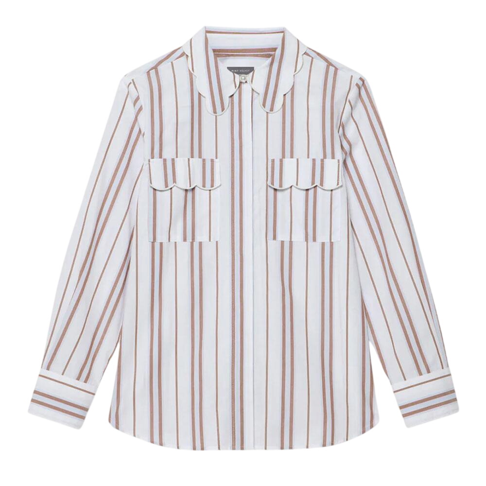 Mint Velvet Brown Striped Cotton Scallop Detail Shirt